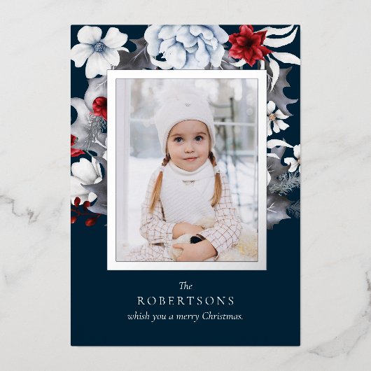 シルバーフォイル海軍の葉の写真クリスマスカード 箔シーズンカード (正面)