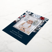 シルバーフォイル海軍の葉の写真クリスマスカード 箔シーズンカード (回転した状態)