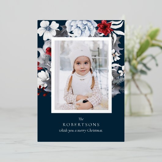 シルバーフォイル海軍の葉の写真クリスマスカード 箔シーズンカード (立ち正面)