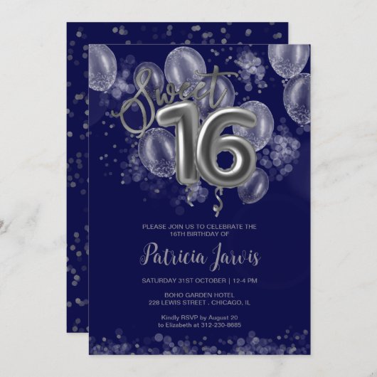 シルバーフォイル甘い16バルーンパーティーブ王室のルー 招待状 (正面/裏面)