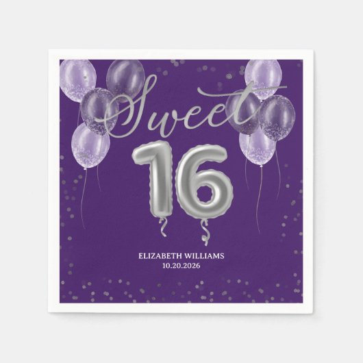 シルバーフォイル甘い16日風船パーティー紫 スタンダードカクテルナプキン (正面)
