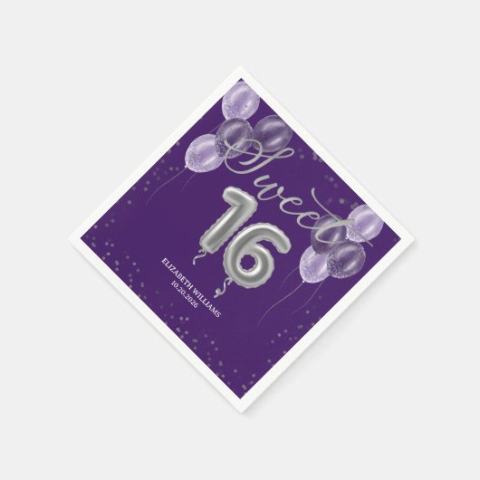 シルバーフォイル甘い16日風船パーティー紫 スタンダードカクテルナプキン (角)