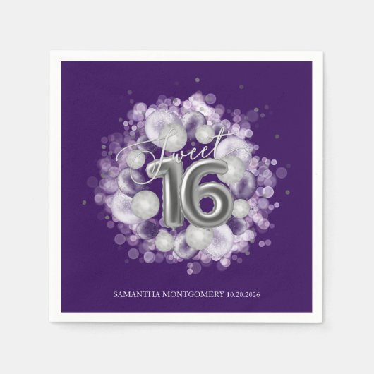 シルバーフォイル甘い16日風船パーティー紫 スタンダードカクテルナプキン (正面)