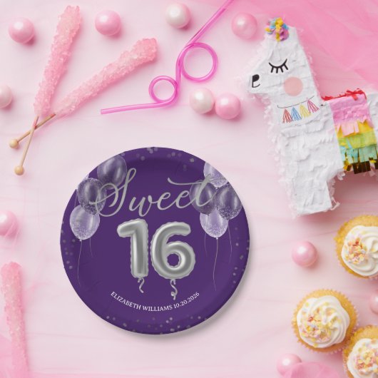 シルバーフォイル甘い16日風船パーティー紫 ペーパープレート (パーティー)