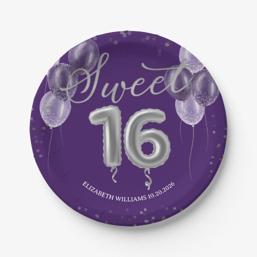 シルバーフォイル甘い16日風船パーティー紫 ペーパープレート (正面)