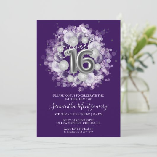 シルバーフォイル甘い16日風船パーティー紫 招待状 (スタンド正面)