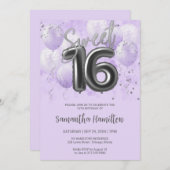 シルバーフォイル甘い16誕生日バルーンラベンダー 招待状 (正面/裏面)