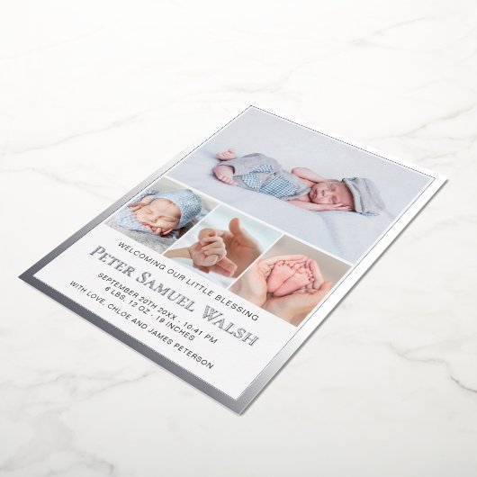 シルバーフォイル男の赤ちゃん誕生発表フォトカード 箔招待状 (回転した状態)