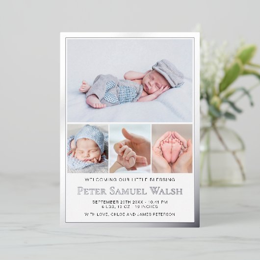 シルバーフォイル男の赤ちゃん誕生発表フォトカード 箔招待状 (立ち正面)