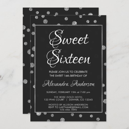 シルバーフォイル紙吹雪水玉模様スウィート16誕生日 招待状 (正面/裏面)