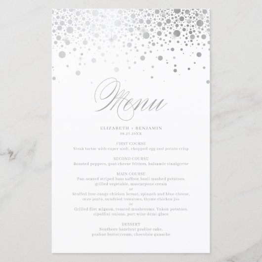 シルバーフォイル紙吹雪結婚ドットのメニューカード (正面)