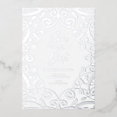シルバーフォイル結婚レースの写真日付を保存 箔招待状 (正面)