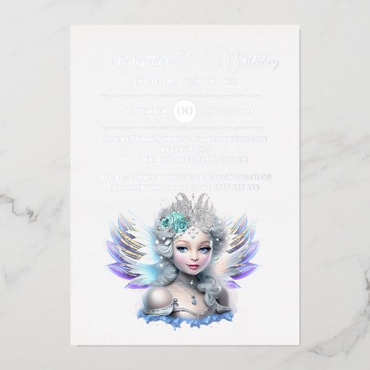 シルバーフォイル雪の妖精の王女3Dブルーバラ女の子 箔招待状 (正面)