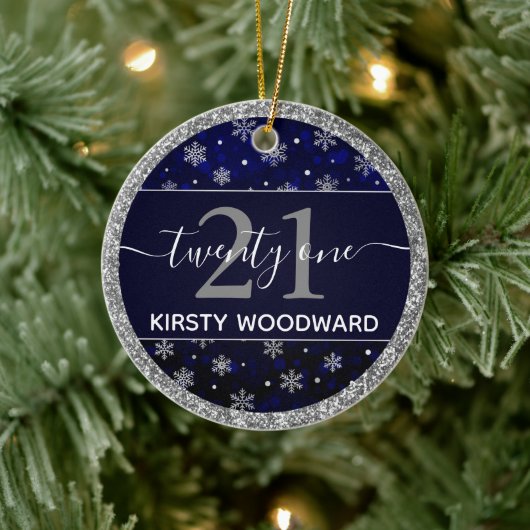 シルバーフォイル雪片&ブルー《写真》ぼけ味21st誕生日 セラミックオーナメント (ツリー)