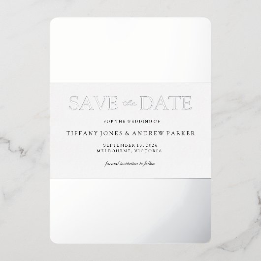 シルバーフォイル おしゃれ モダン ウェディング セーブ・ザ・デート 箔招待状 (正面)