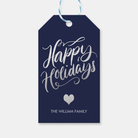 シルバーフォイル&ネイビーブルーハッピーホリデーズカスタム ギフトタグ (正面)