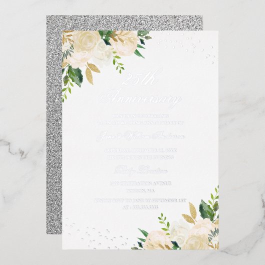 シルバーフォイル フラワー 25周年記念 箔招待状 (正面/裏面)