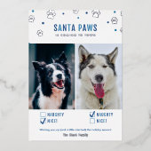 シルバーフォイル&ブルーサンタポーズツードッグフォトカード 箔シーズンカード (正面)