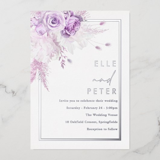 シルバーフォイル&ラベンダーバラ結婚ズ 箔招待状 (正面)