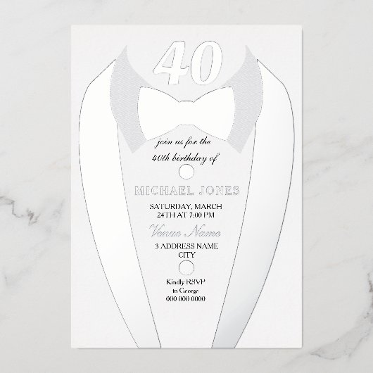 シルバーフォイルTuxedoスーツMens 40th誕生日パーティー 箔招待状 (正面)