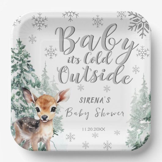 シルバーフォレスト冬のベビーシャワー外は寒い ペーパープレート (正面)