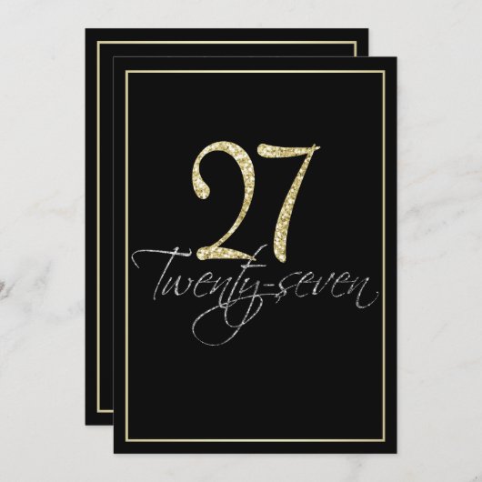 シルバーフォーマルブラックと金ゴールド27th誕生日パーティー 招待状 (正面/裏面)