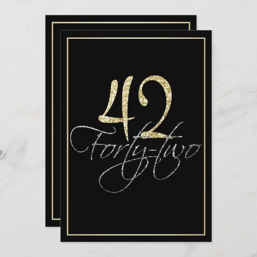 シルバーフォーマルブラックと金ゴールド42nd誕生日パーティー 招待状 (正面/裏面)