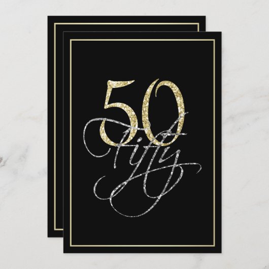 シルバーフォーマルブラックと金ゴールド50th誕生日パーティー 招待状 (正面/裏面)