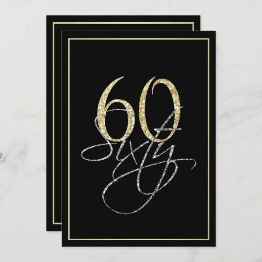 シルバーフォーマルブラックと金ゴールド60th誕生日パーティー 招待状 (正面/裏面)