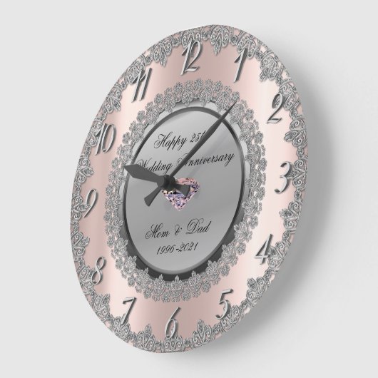 シルバーフラワー ローズゴールド 25周年記念 結婚記念日 ラージ壁時計 (傾斜)