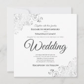 シルバーフリルエレガントグレイ&ホワイトスクエア結婚ズ 招待状 (正面)