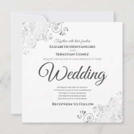 シルバーフリルエレガントグレイ&ホワイトスクエア結婚ズ 招待状