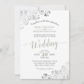 シルバーフリルエレガントスのセージ・グリーン結婚オン・ホワイト 招待状 (正面)