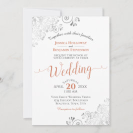 シルバーフリルエレガントズテラコッタ結婚オンホワイト 招待状