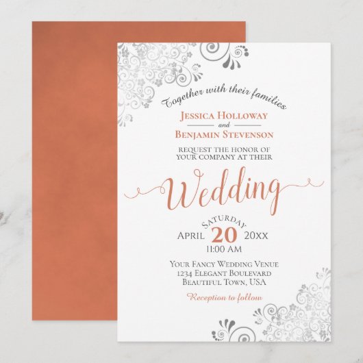 シルバーフリルエレガントズテラコッタ結婚オンホワイト 招待状 (正面/裏面)