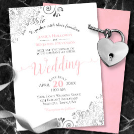 シルバーフリルエレガントピンク&グレイonホワイト結婚ズ 招待状