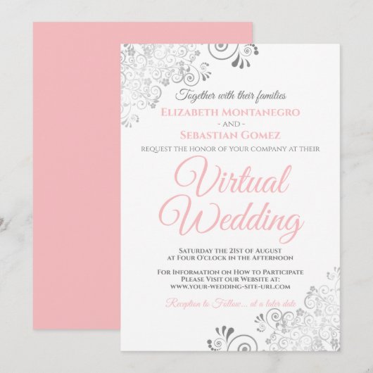 シルバーフリルエレガントピンク&ホワイトバーチャル結婚ズ 招待状 (正面/裏面)