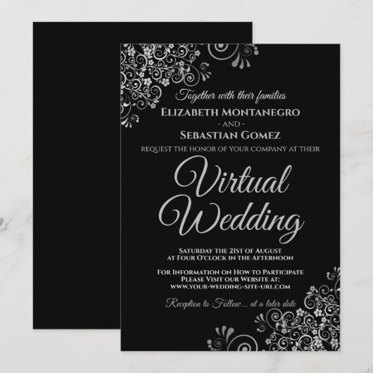 シルバーフリルエレガントブラック結婚バーチャル 招待状 (正面/裏面)