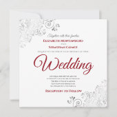 シルバーフリルエレガントレッド&ホワイトスクエア結婚ズ 招待状 (正面)