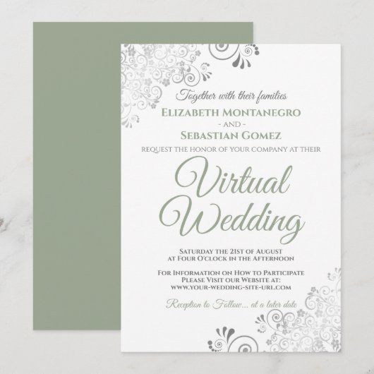 シルバーフリルズ セージグリーン＆ホワイト バーチャルウェディング 招待状 (正面/裏面)