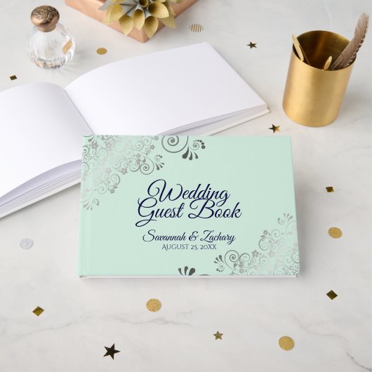 シルバーフリルミントグリーン&ネイビーエレガントな結婚式 ゲストブック (正面見開き)