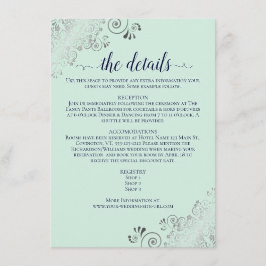 シルバーフリルミントグリーン&ネイビー結婚ズ詳細 エンクロージャーカード (正面)