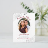 シルバーフリル付き/フォトレッドウェディング日付を保存 案内ポストカード (スタンド正面)