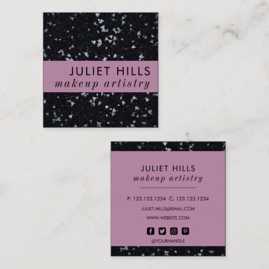 シルバーフレーク、ピンクと黒の正方形の名刺 スクエア名刺 (正面/裏面)