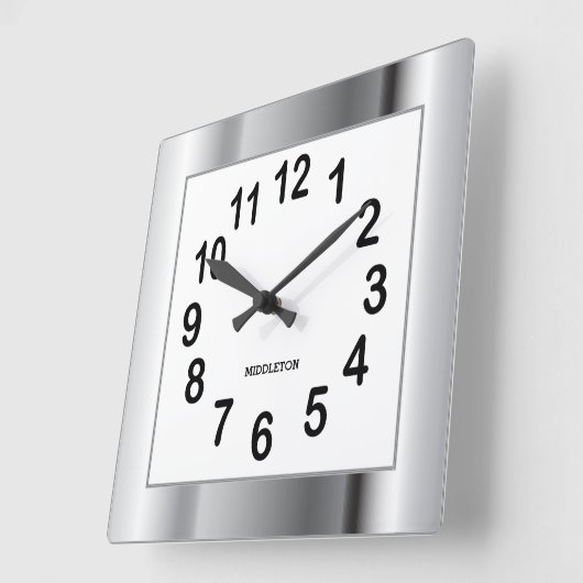 シルバーフレームと黒の数字 スクエア壁時計 (傾斜)