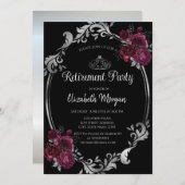 シルバーフレームバーガンディバラブラックリタイアメント 招待状 (正面/裏面)