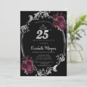 シルバーフレームバーガンディバラブラック25誕生日 招待状 (スタンド正面)