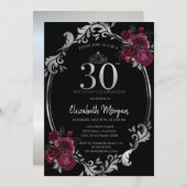 シルバーフレームバーガンディバラブラック30歳の誕生日 招待状 (正面/裏面)