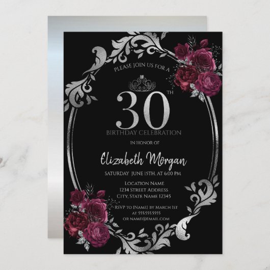 シルバーフレームバーガンディバラブラック30歳の誕生日 招待状 (正面/裏面)