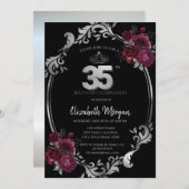 シルバーフレームバーガンディバラブラック35誕生日 招待状 (正面/裏面)